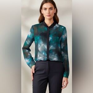 ELIE TAHARI Chelsea Turquoise Black 100% Silk Lamb Leather Shirt Blouse